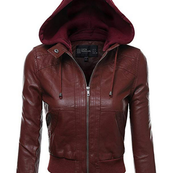 Wine/Red Womens Faux Leather Zip-Up Jacket - Picture 1 of 8